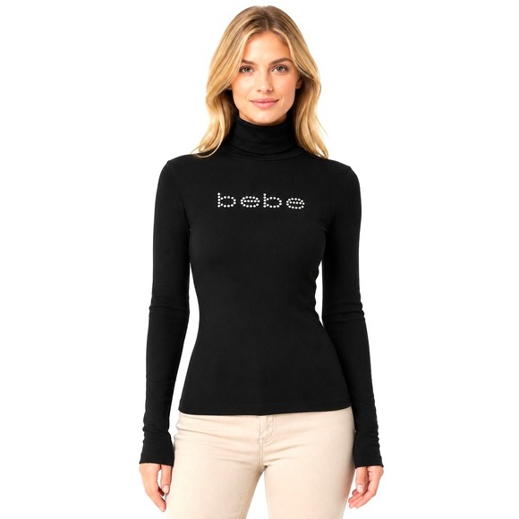 bebe Tops - bebe Turtleneck Top Womens Small Black Rhinestone Logo Ribbed Long Sleeve